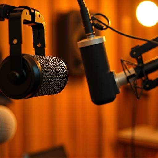 A collection of professional microphones used for podcasting in a studio setting.