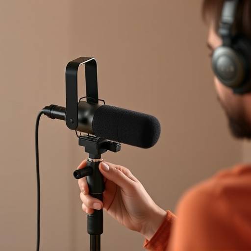 A person setting up a microphone for podcasting with tips overlaid.