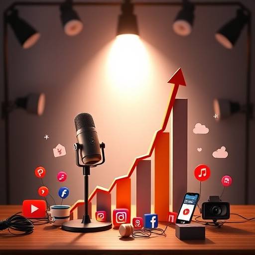 An upward trending graph showing podcast growth, with social media icons around it.